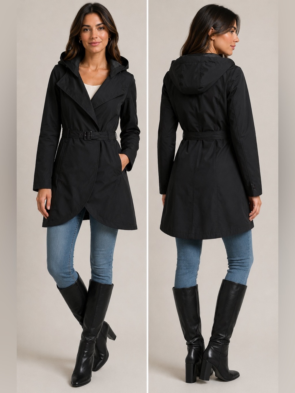 Soia & Kyo Black Hooded Softshell Trench Coat Womens XS Belted